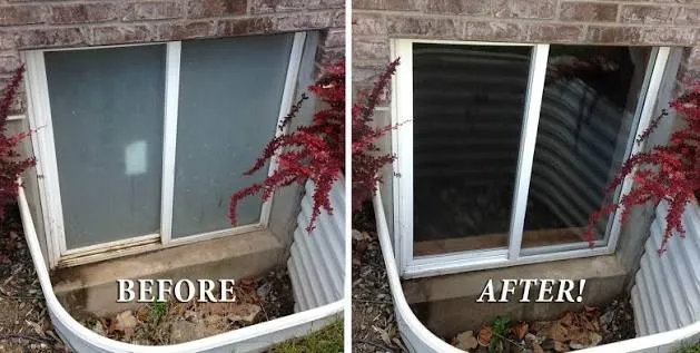 Basement egress window shown before and after a professional wash in Temecula, CA