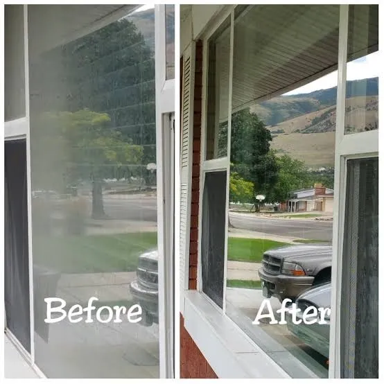 Before and after cleaning a sliding patio door at a Temecula home