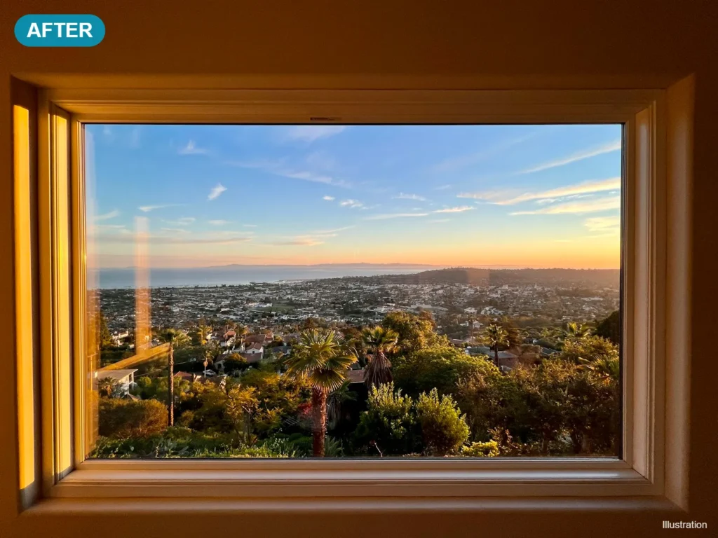 Illustration: crystal-clear picture window showing a sunset valley view after cleaning