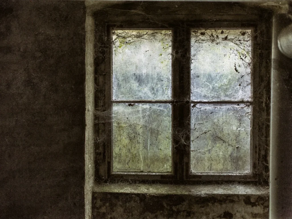 Dusty, residue-covered window panes after construction