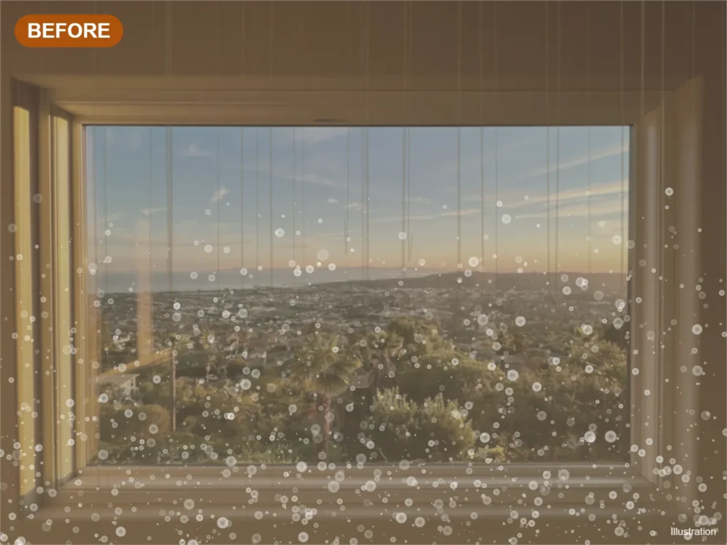 Illustration: dusty, spotted picture window blurring a valley view before cleaning