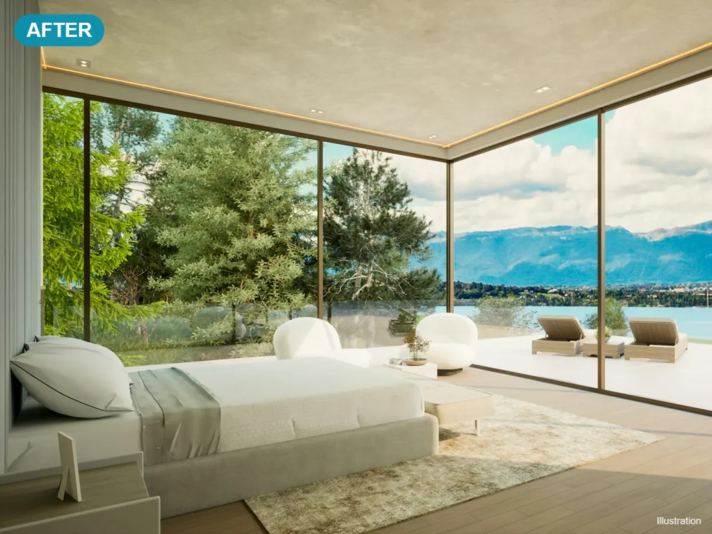 Illustration: floor-to-ceiling glass wall clean and clear after window washing