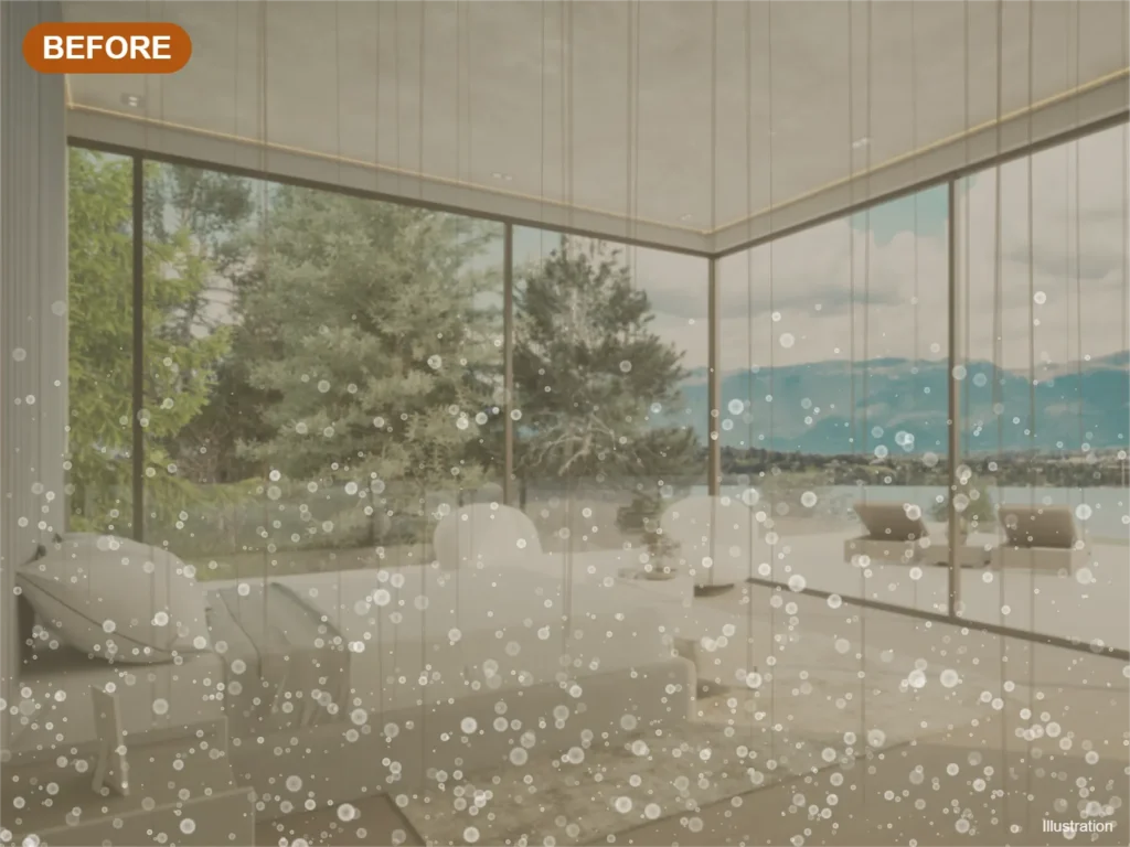Illustration: floor-to-ceiling glass wall clouded with haze and mineral spots before washing