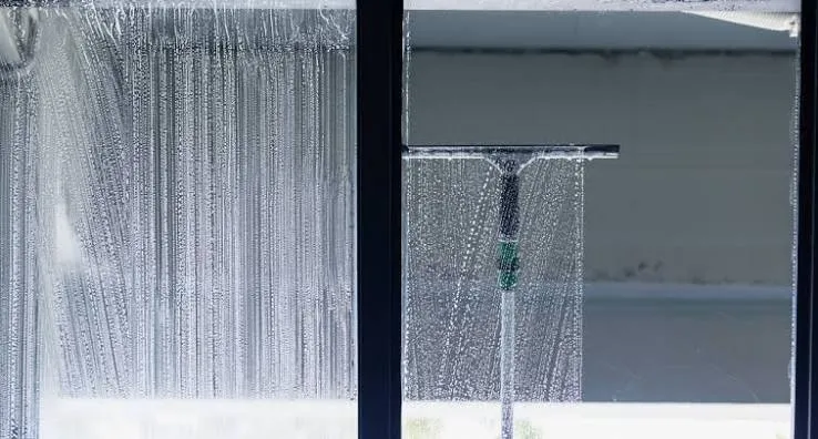 Half-cleaned window showing soapy glass next to a streak-free squeegeed section