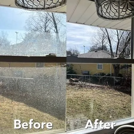 Patio window with heavy mineral haze before cleaning and clear glass after