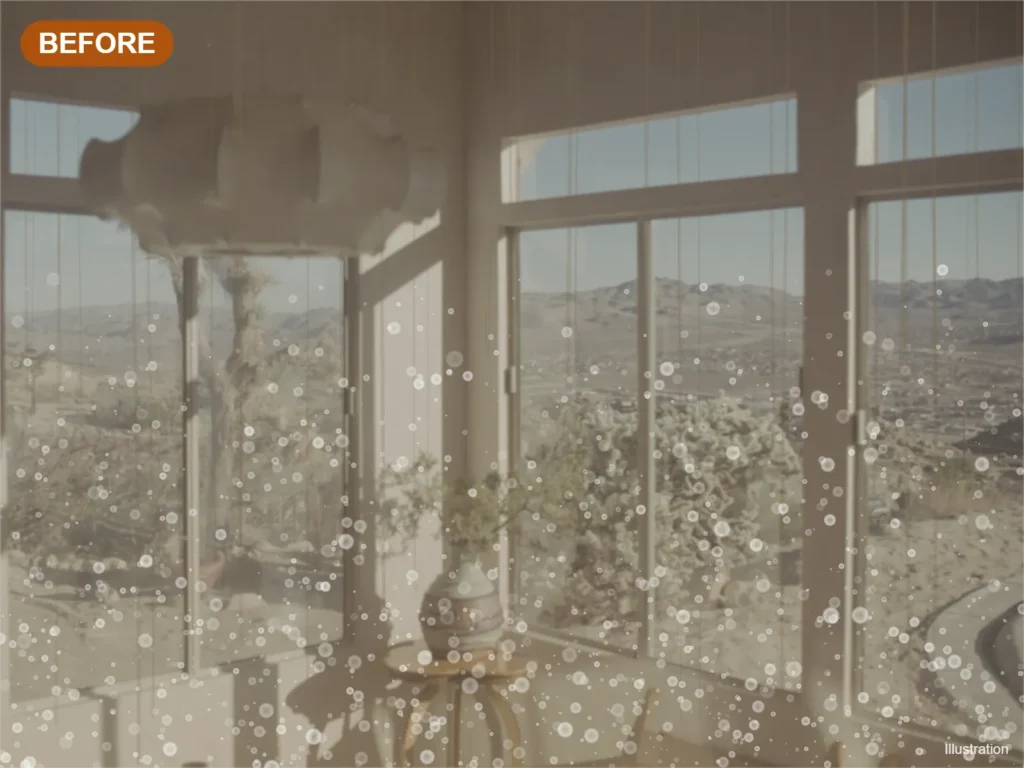 Illustration: hazy windows covered in white hard-water spots before cleaning