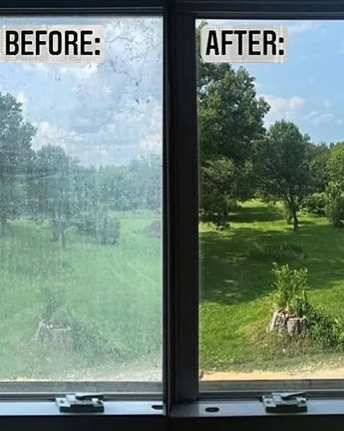 Side-by-side of a hazy window and the same window after cleaning, with a clear yard view