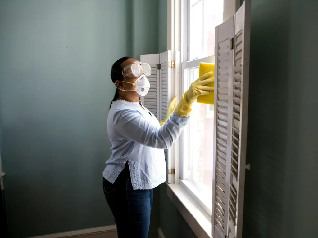 Window cleaner detailing the inside of a home window