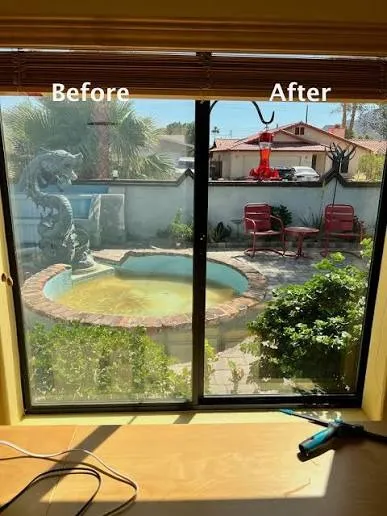 Pool-view window half cleaned, showing the difference professional window washing makes