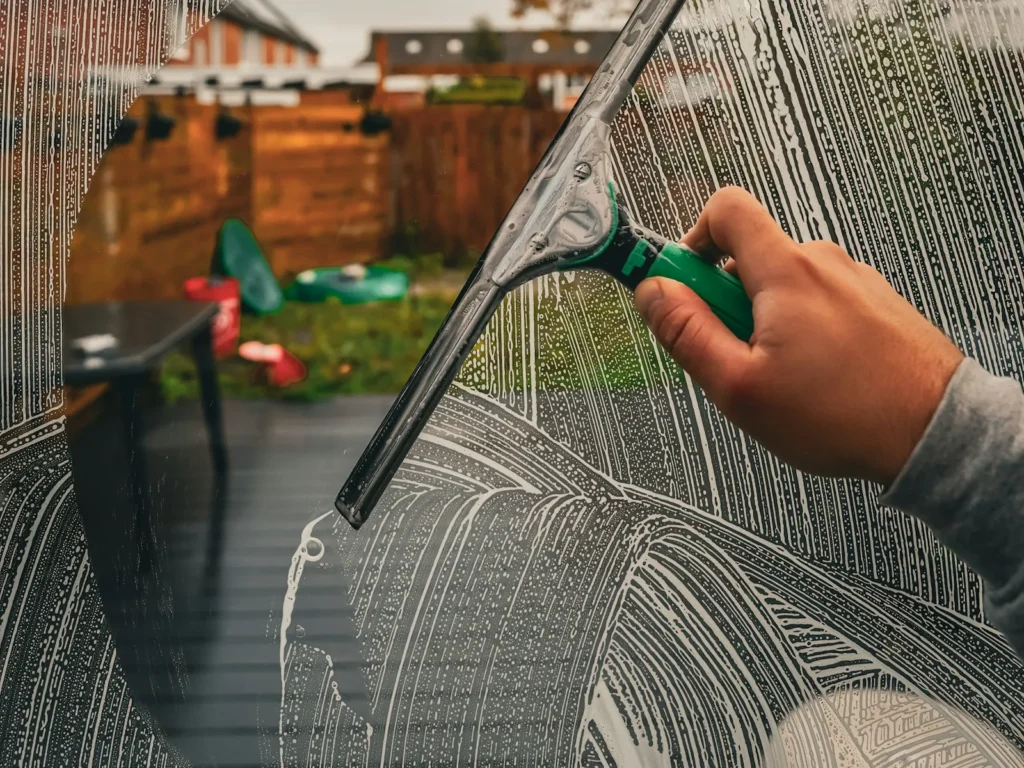 Close-up of a squeegee pulling soapy water off a window for a streak-free finish