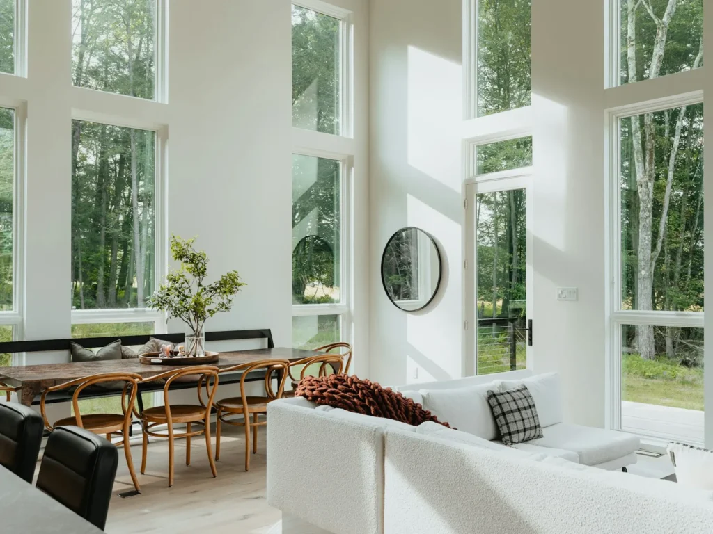 Bright room with floor-to-ceiling and transom windows