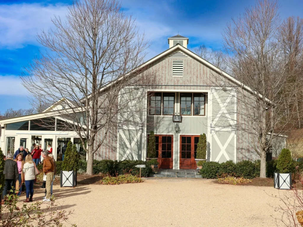 Winery building with tall French doors and windows